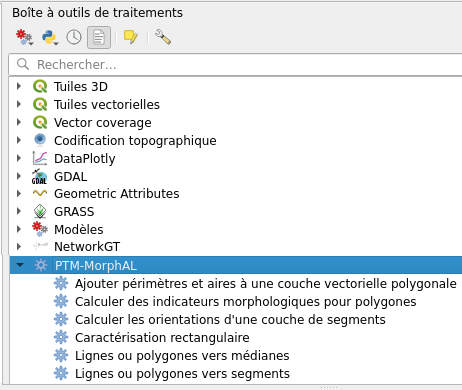 Menu MorphAL dans la Boîte à outils de traitements